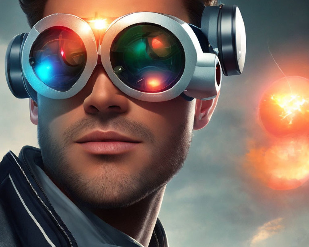 Man in futuristic goggles with colorful lights amidst fiery orbs and soft-focus background