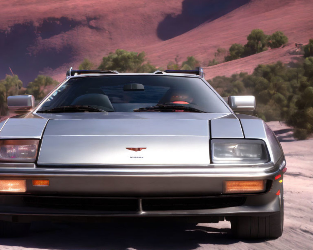 Vintage Silver Sports Car on Desert Road with Red Sand Dunes