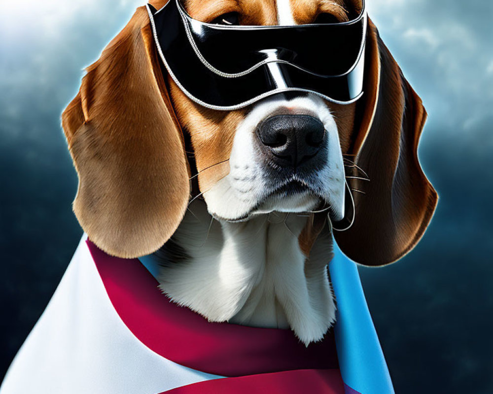 Beagle Dog in Sunglasses and Cape on Cloudy Sky Background