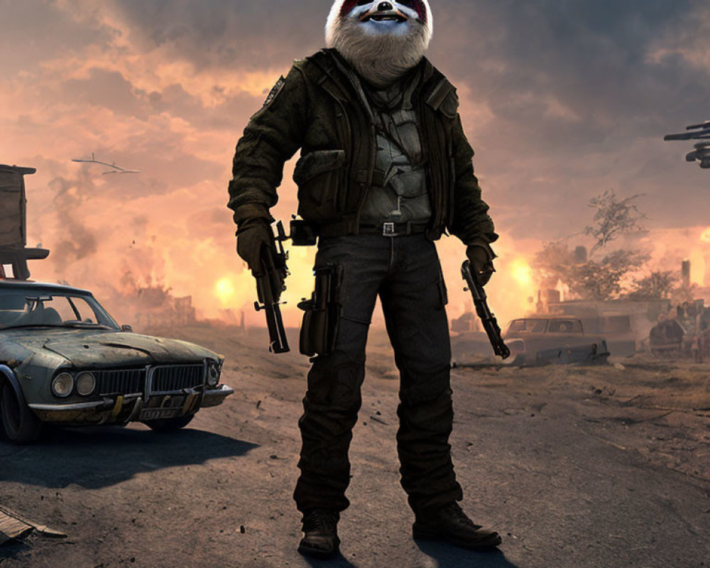 Humanoid sloth in military gear in war-torn street