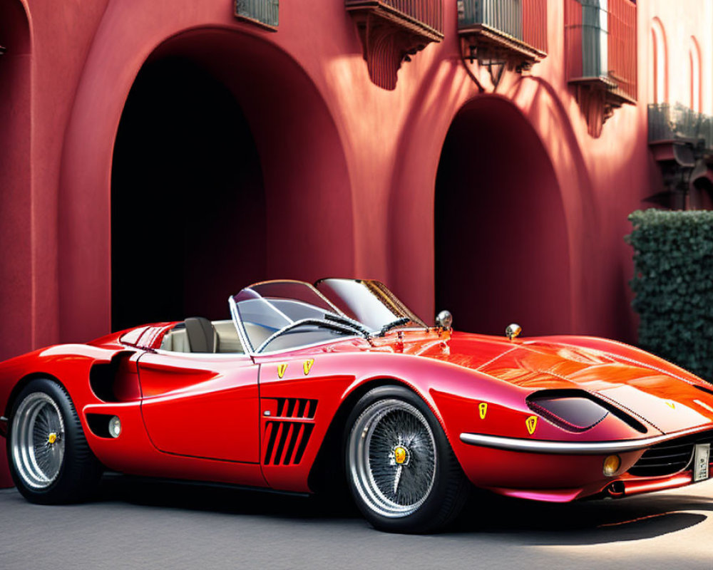 Vintage Red Convertible Sports Car Parked Near Building with Arches