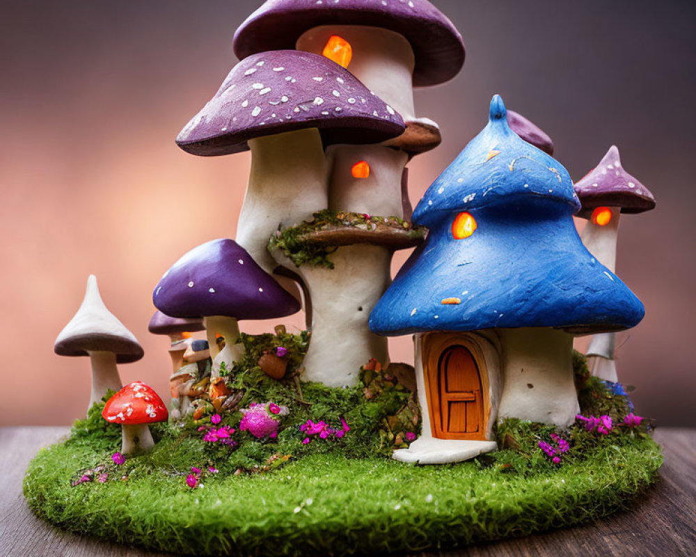 Purple-capped mushroom house ornament with glowing windows and tiny orange door surrounded by moss and pink flowers