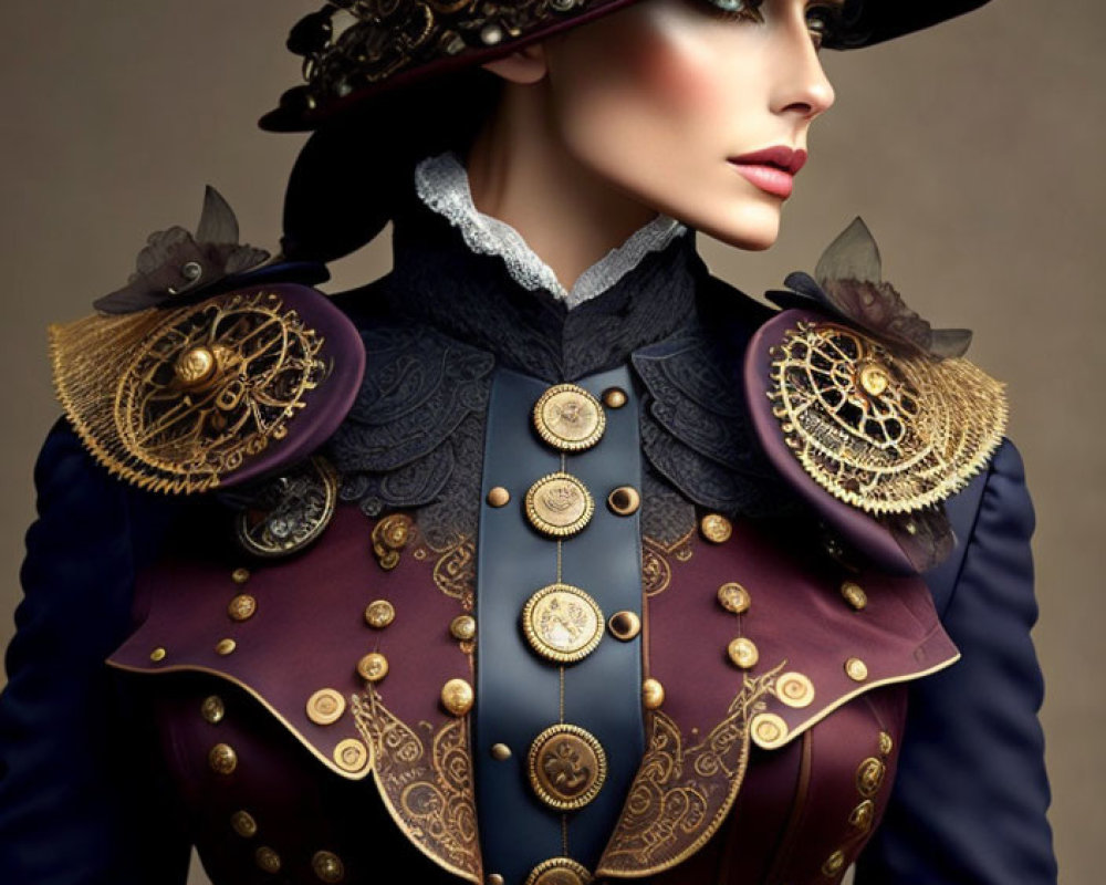 Elaborate Steampunk Outfit with Gear-Adorned Hat