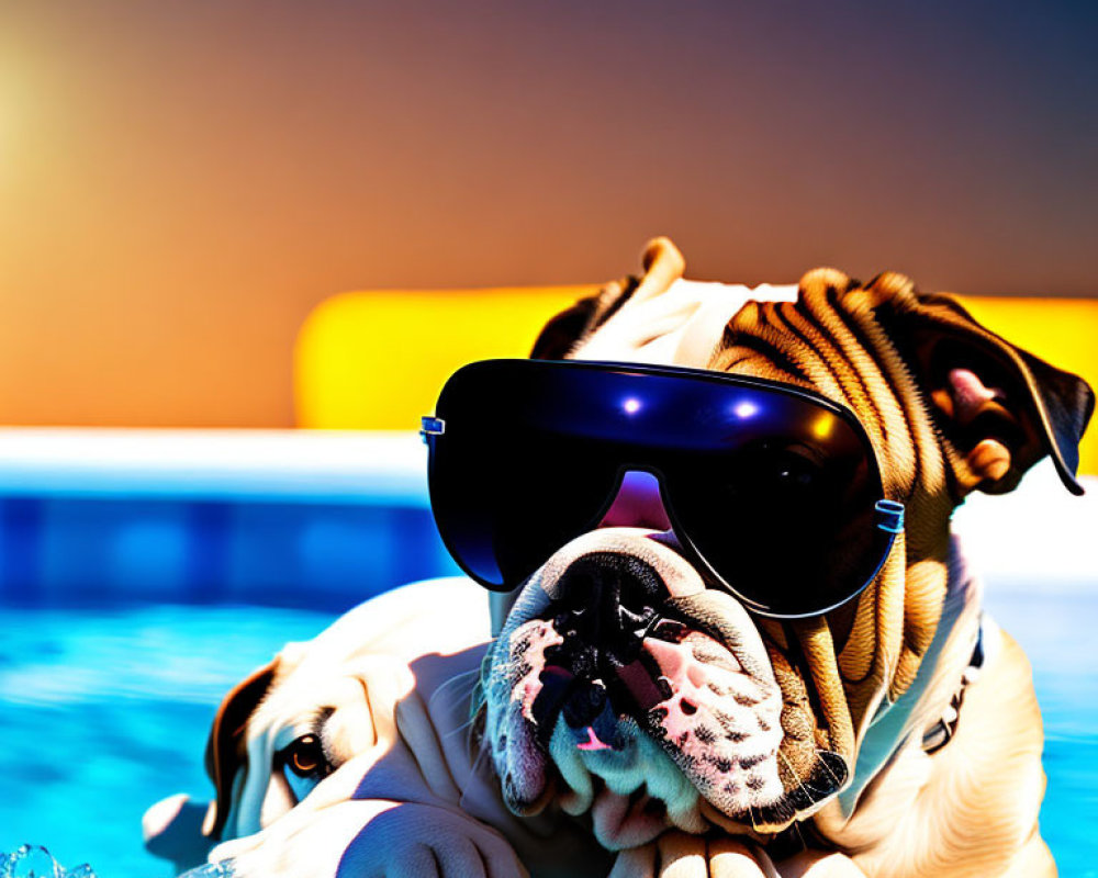 Bulldog in sunglasses relaxing by pool edge