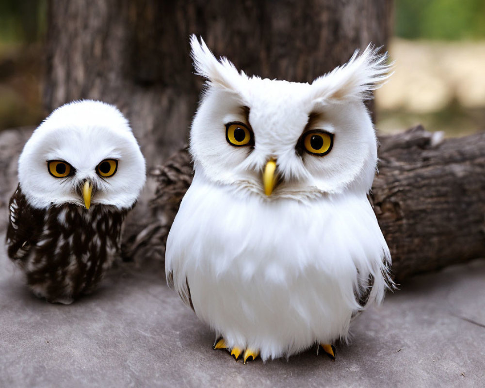 Realistic Plush Toy Owls Against Tree Trunk Background