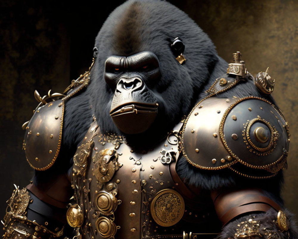 Detailed armored gorilla with golden embellishments on dark background