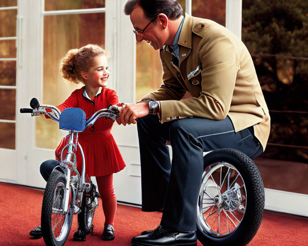 Man in uniform shaking hands with smiling girl on bicycle near glass door