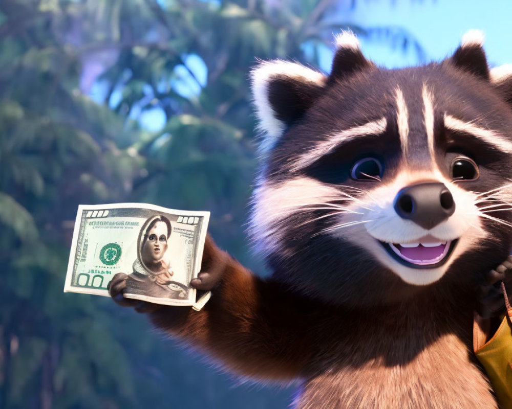 Animated raccoon holding 100 dollar bill in foliage backdrop