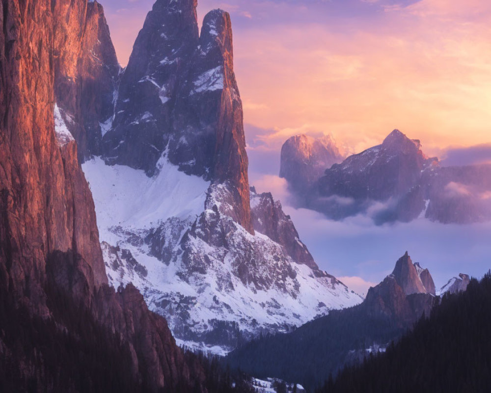 Snow-covered Alpine Peaks at Sunset with Purple-Pink Skies