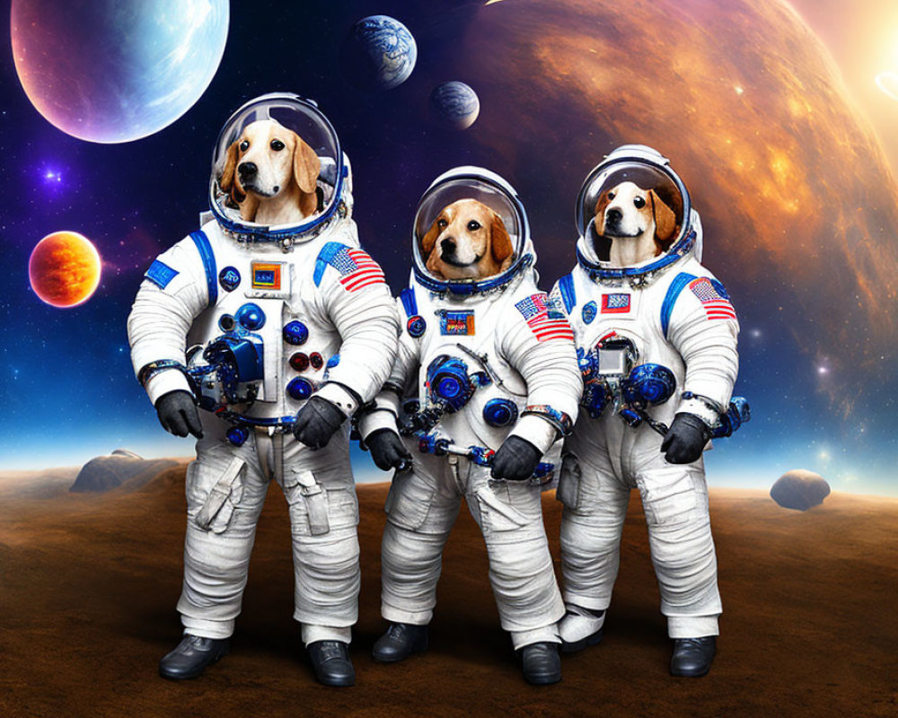 Three dogs in astronaut suits on celestial body with vibrant space scene.