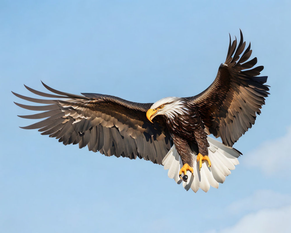 Majestic bald eagle soaring with outstretched wings in clear blue sky