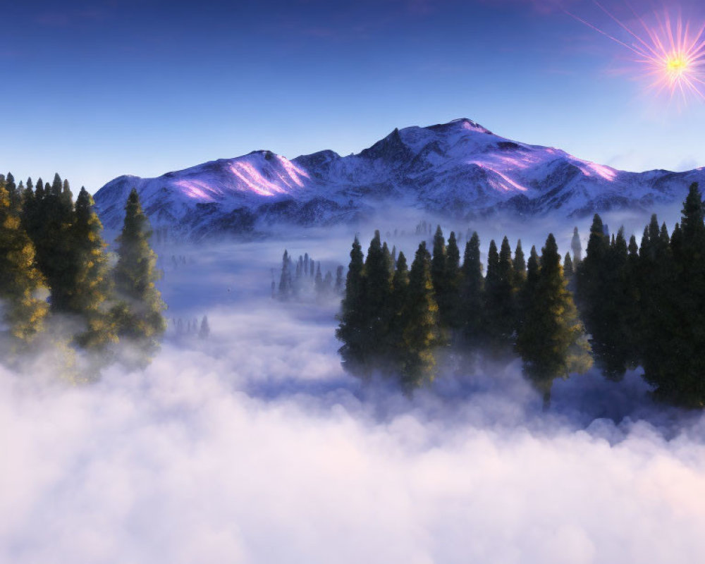 Snow-capped mountains, evergreen forest, fog, dawn sky, bright star