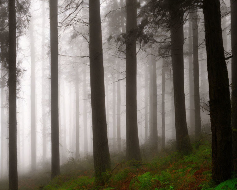 Misty forest with tall trees and lush green ferns