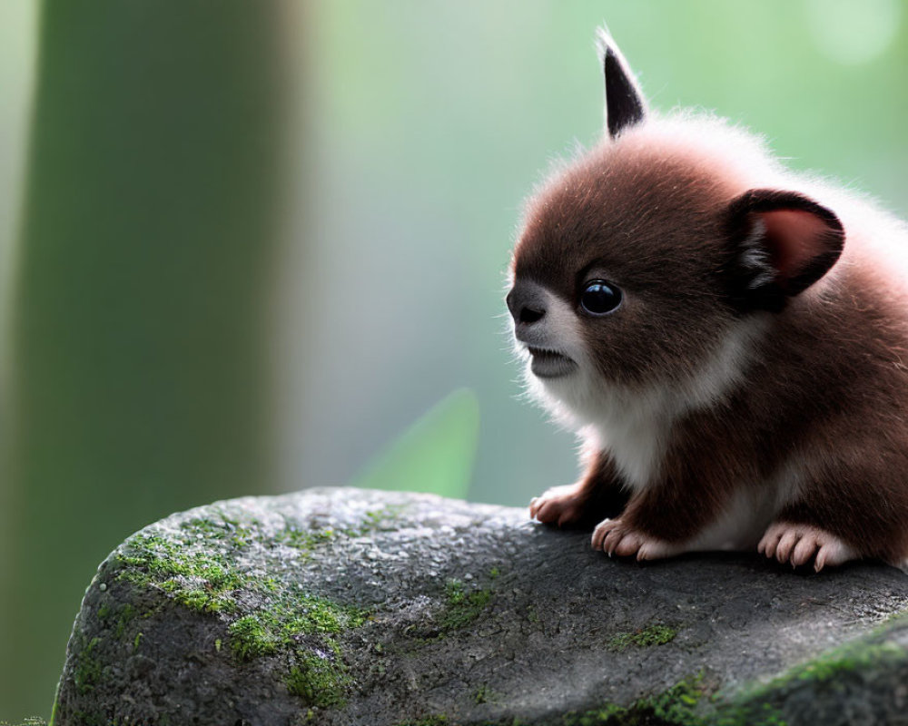 Brown puppy with white patch and round eyes on mossy rock in green background