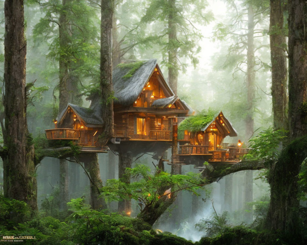 Glowing windows treehouse in misty forest