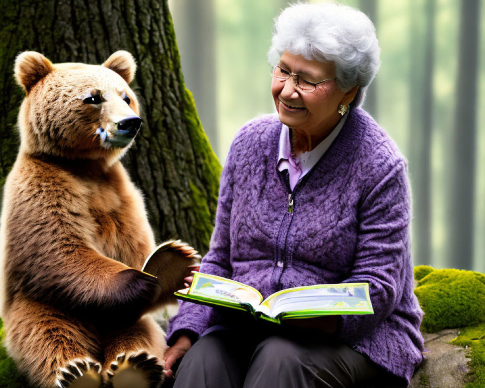 Elderly Woman Smiling with Bear Cub in Forest Reading Book