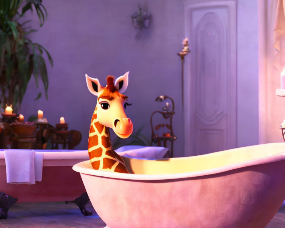 Animated giraffe in cozy bathtub in elegant room with candelabra