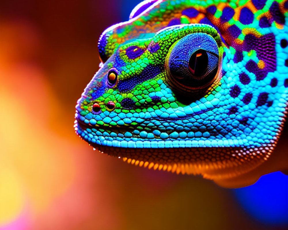 Colorful Gecko with Textured Skin and Large Eye on Rainbow Background