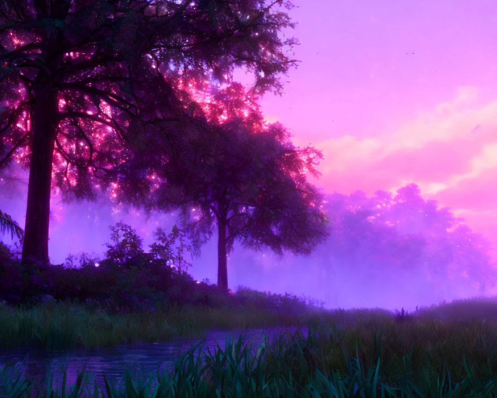 Mystical forest scene at dusk: vivid purple-pink sky, serene water, lush foliage.