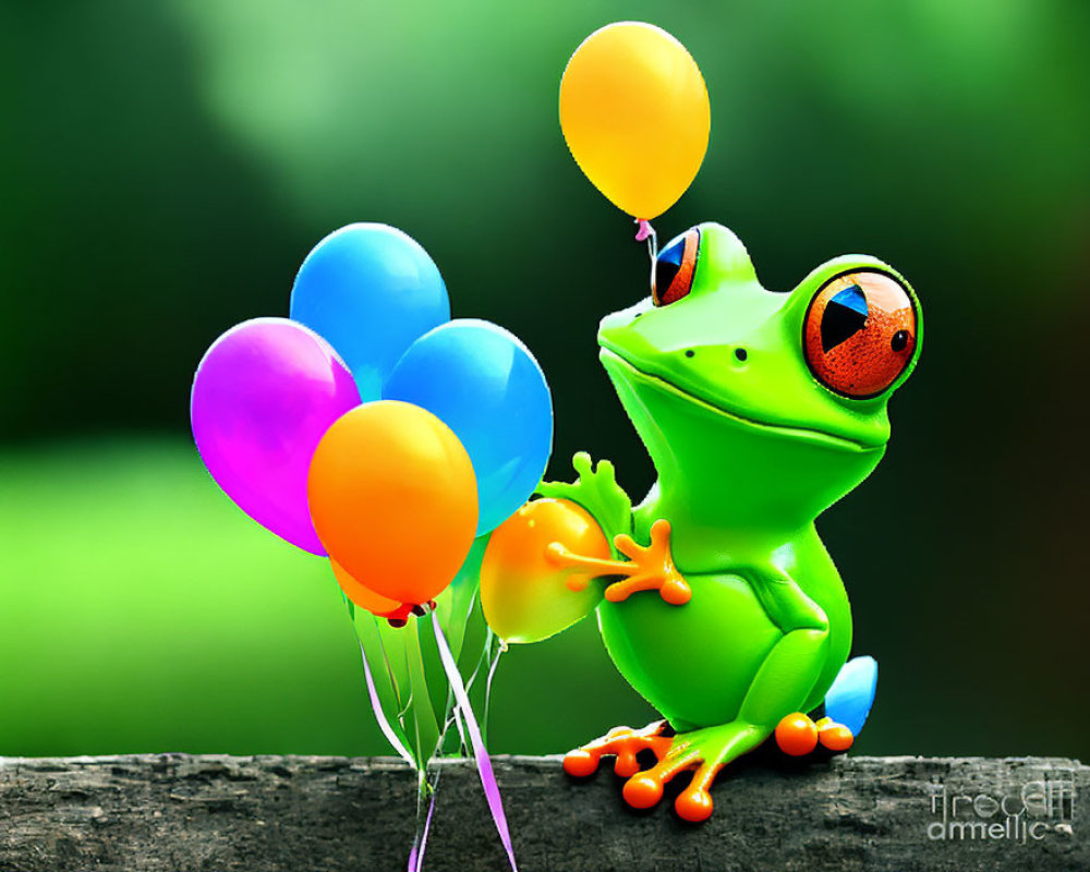 Colorful 3D illustration: Smiling frog with balloons on log