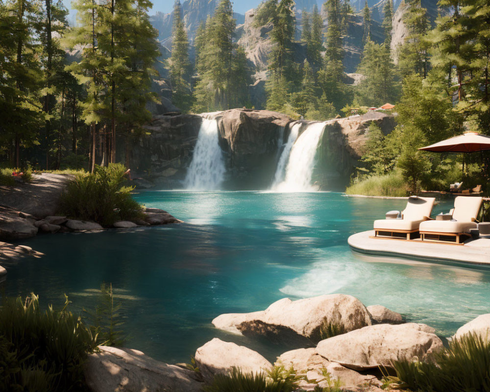 Tranquil nature scene with waterfall, lush forests, and loungers