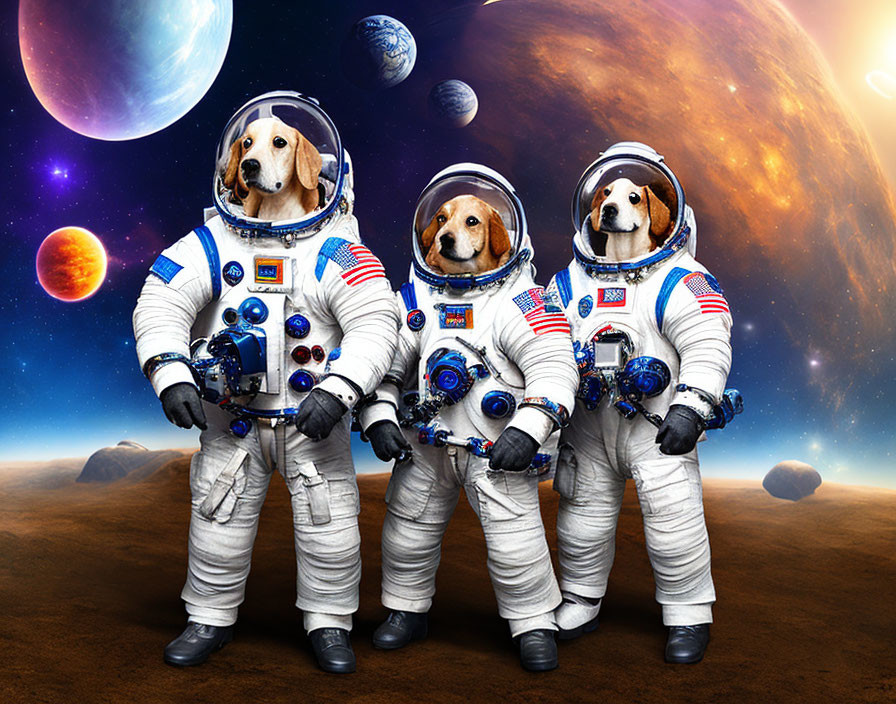 Three dogs in astronaut suits on celestial body with vibrant space scene.