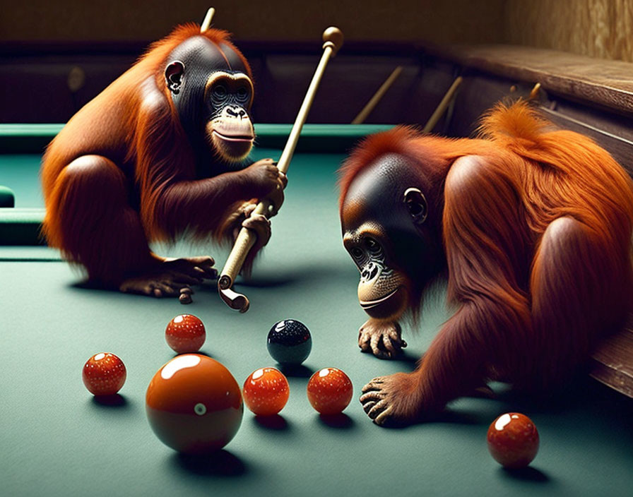 Orangutans playing pool on green table with scattered billiard balls