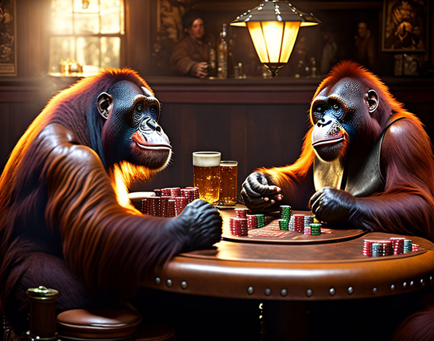 Orangutans playing poker in a bar setting