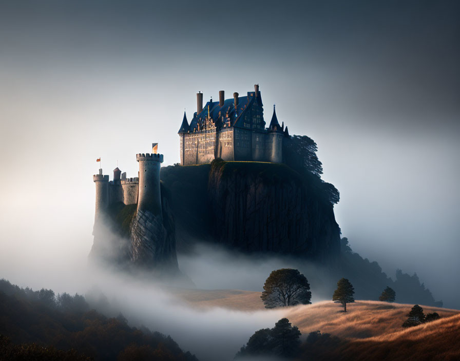 Majestic castle on steep cliff in misty setting