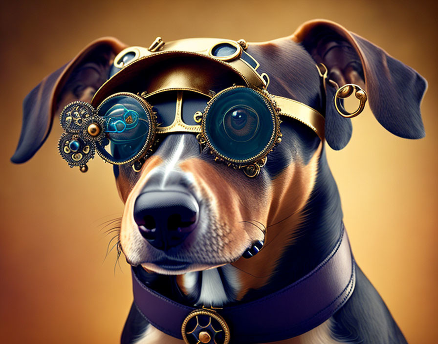 Steampunk-style dog with goggles on warm background