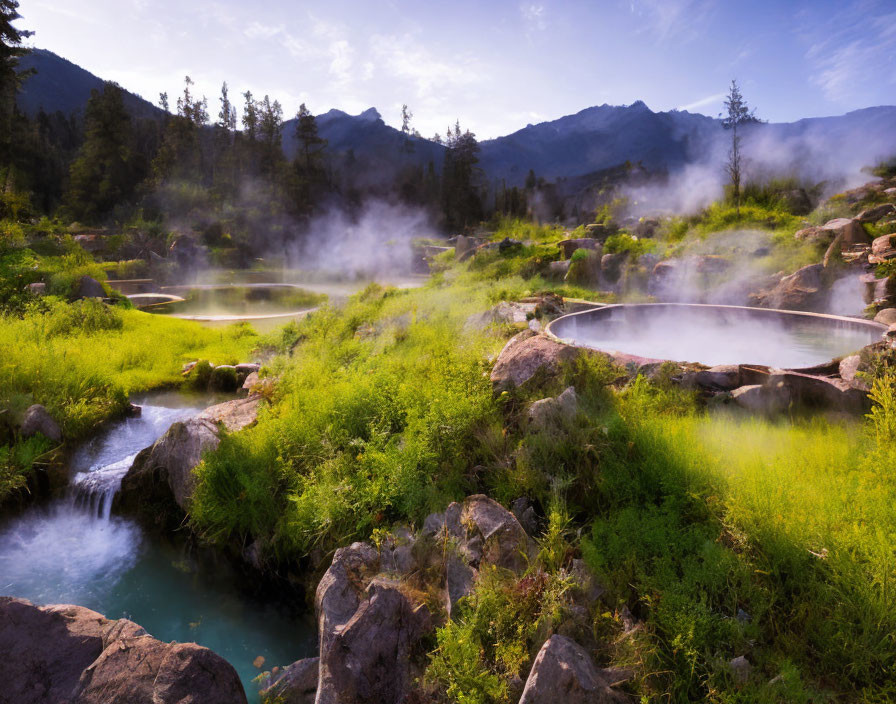 Scenic hot springs in lush greenery with rocky terrain under blue sky