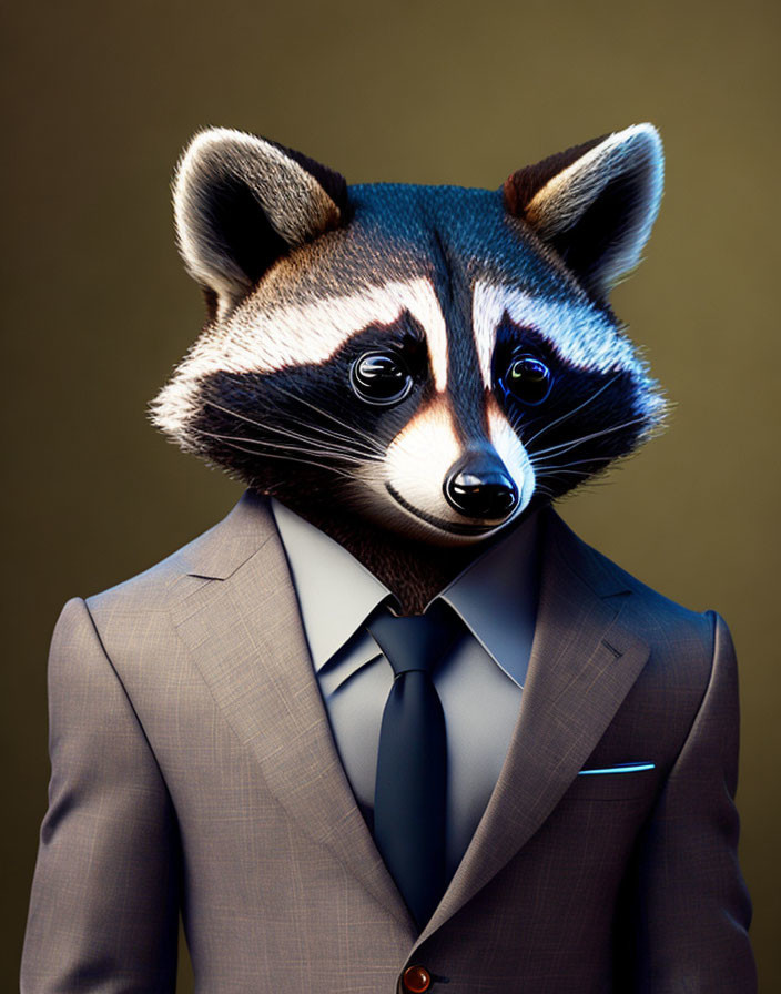 Stylized raccoon in gray suit with tie on brown background