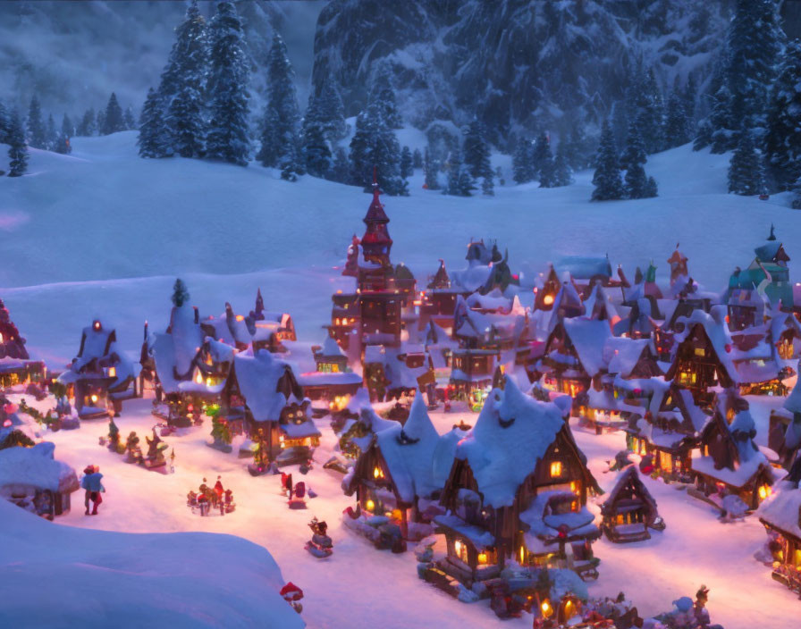 Snow-covered village in wintry forest with glowing lights