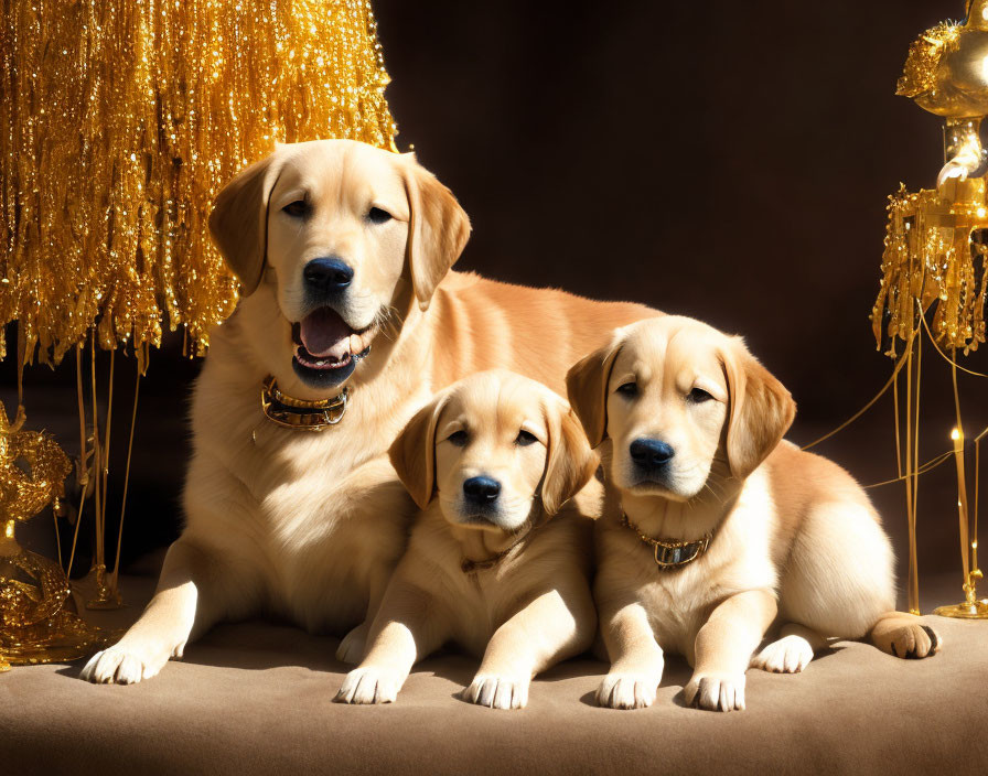 Three Golden Retrievers in Front of Black Background with Golden Sparkly Decorations