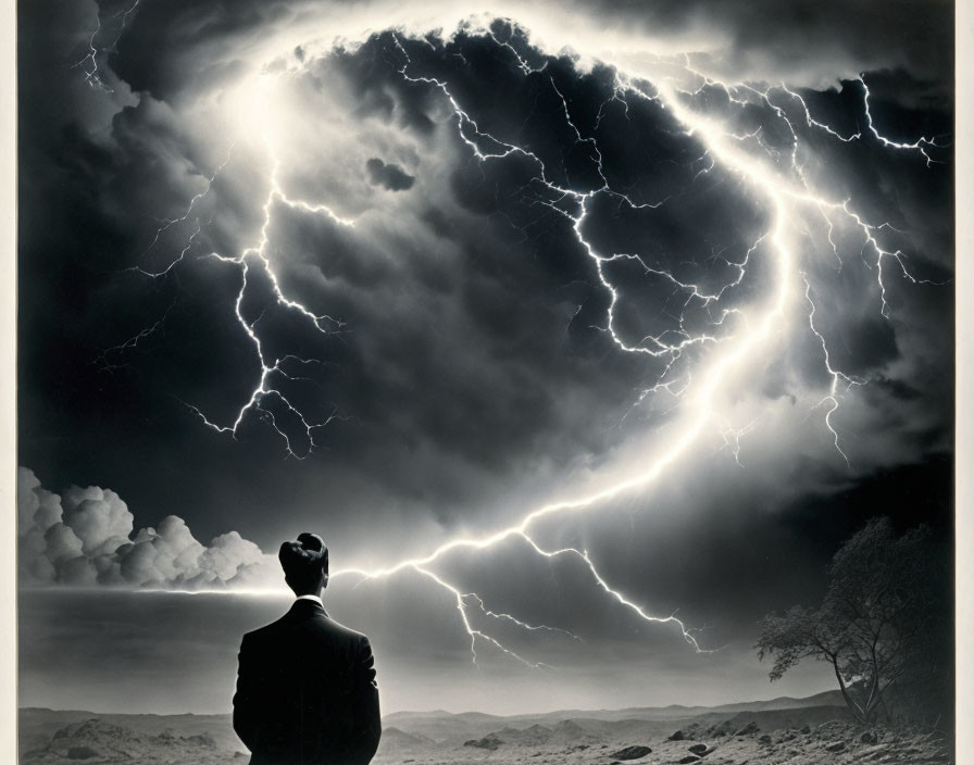 Silhouette of person under lightning storm in dramatic sky