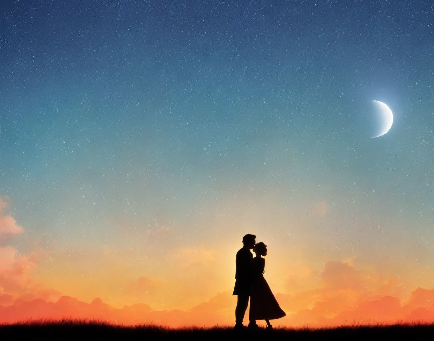 Silhouette of couple embracing under starry sky with crescent moon on grass against sunset gradient