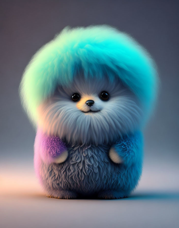 Colorful Blue and Purple Fluffy Creature with Large Eyes