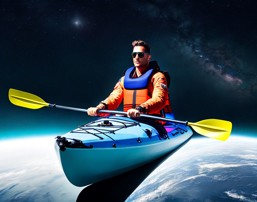Person in sunglasses kayaks through space with Earth and stars.