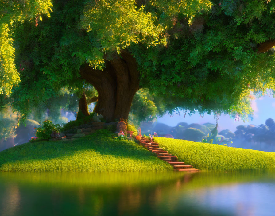 Sunlit clearing with ancient tree and stone steps under expansive canopy