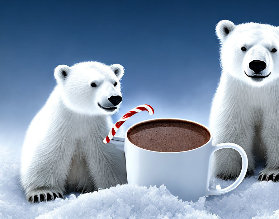 Polar Bears with Hot Chocolate and Candy Cane in Snowy Scene