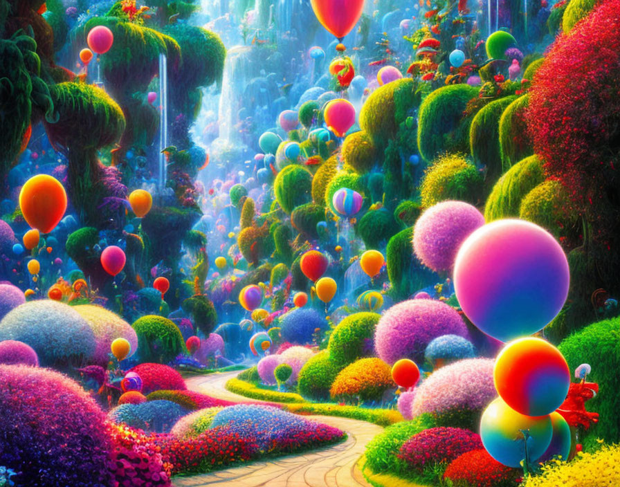 Colorful Fantasy Landscape with Waterfalls and Balloons