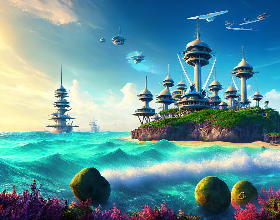 Futuristic cityscape with towering buildings on island surrounded by turquoise ocean