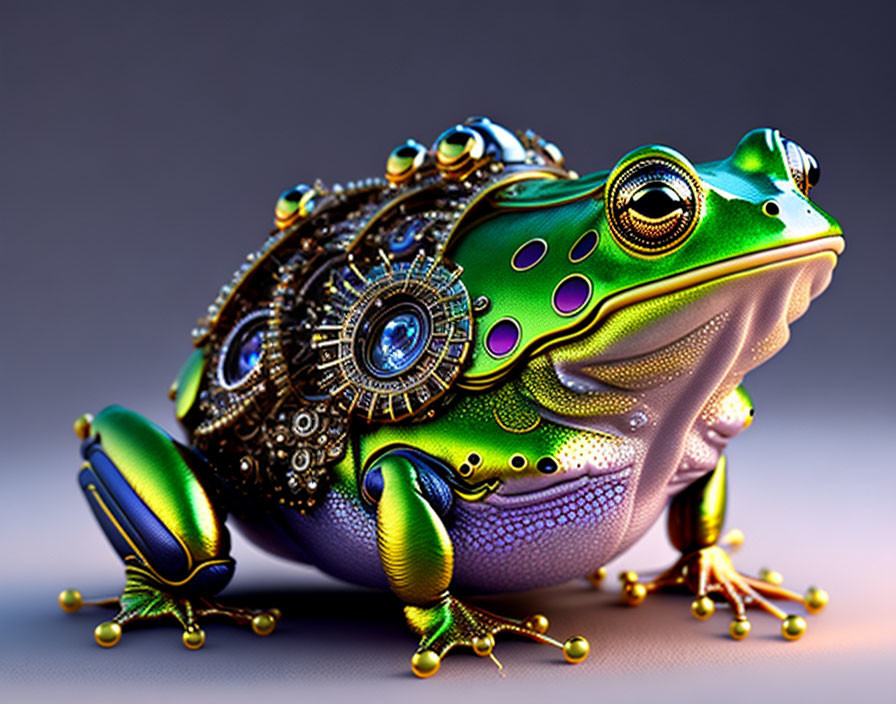 Colorful Mechanical Frog Illustration with Clockwork Details