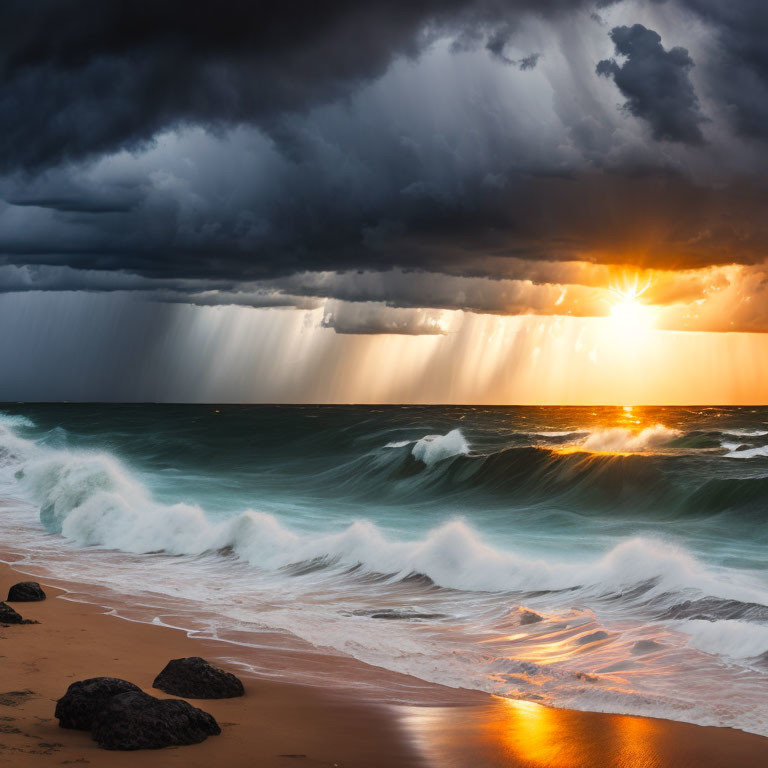 Seaside sunset with storm clouds and sunbeams