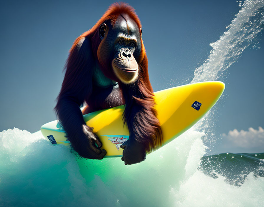 Orangutan surfing on a digital wave