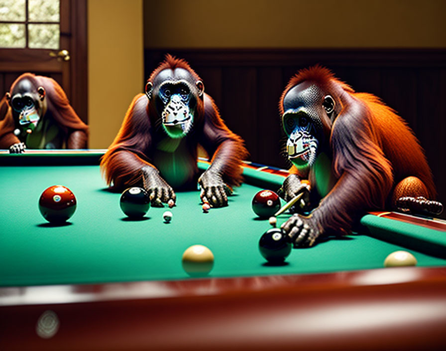 Colorful Monkeys Playing Pool on Green Table with Window Background