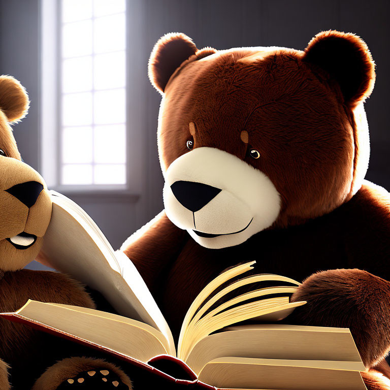 Animated teddy bears reading book in sunny room