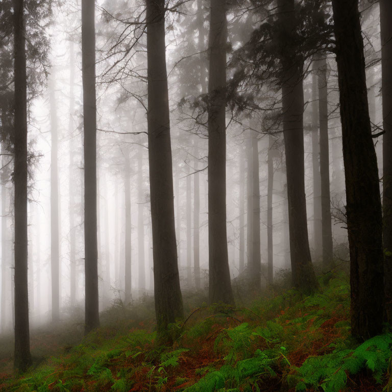 Misty forest with tall trees and lush green ferns