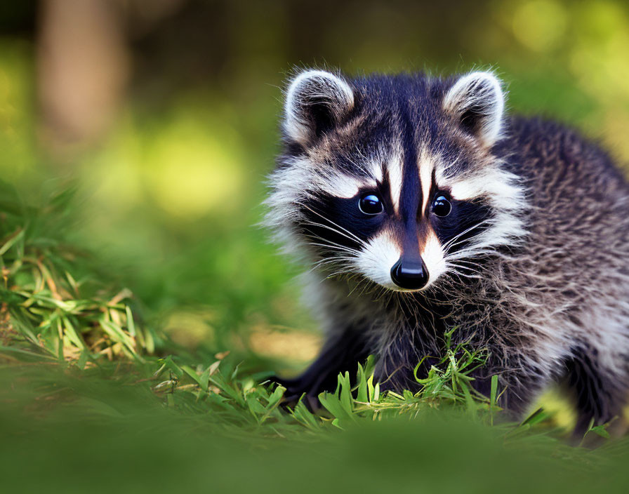 Curious young raccoon in lush green grass under sunlight