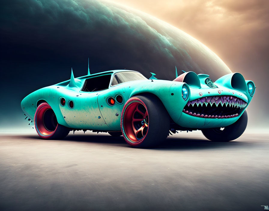 Turquoise monster car with eyes and teeth on dramatic planet backdrop